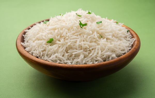 Cooked plain white basmati rice or steamed rice in bowl, starts with the letter x