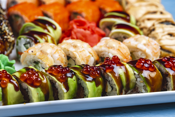 tiger dragon sushi rolls close up