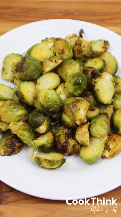Frozen Brussel Sprouts Air Fryer top down wood background