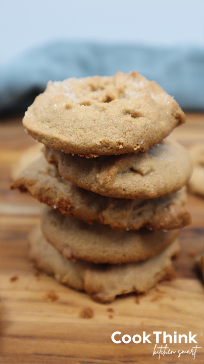2 ingredient peanut butter cookies stacked blue background
