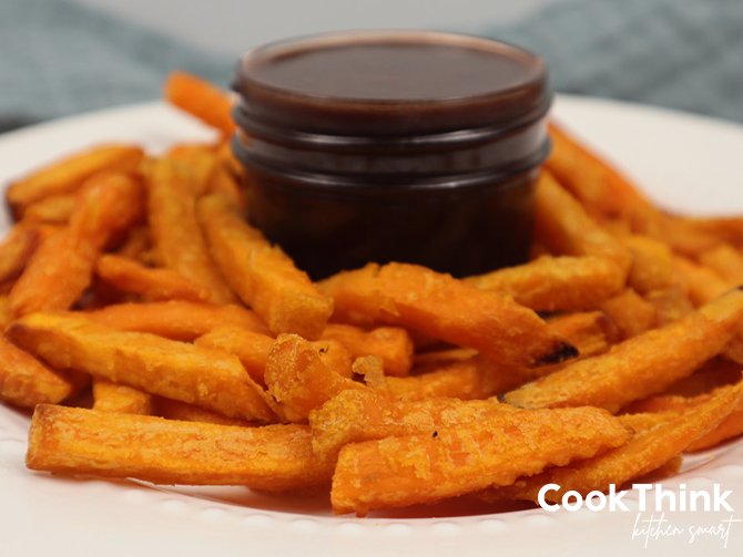 frozen sweet potato fries in air fryer cover close up