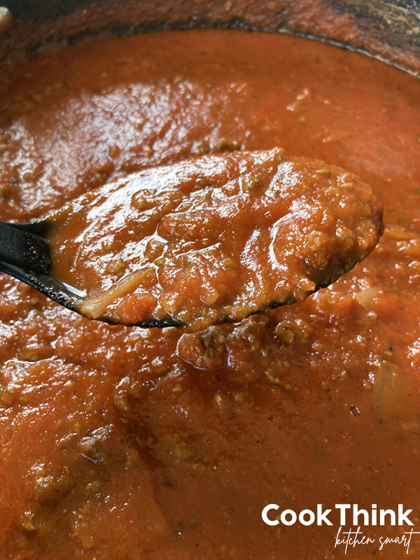 spaghetti sauce with ladle