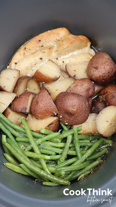 Crockpot chicken potatoes and green beans top down