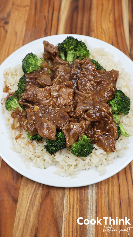 Beef with Garlic Sauce with broccoli and rice